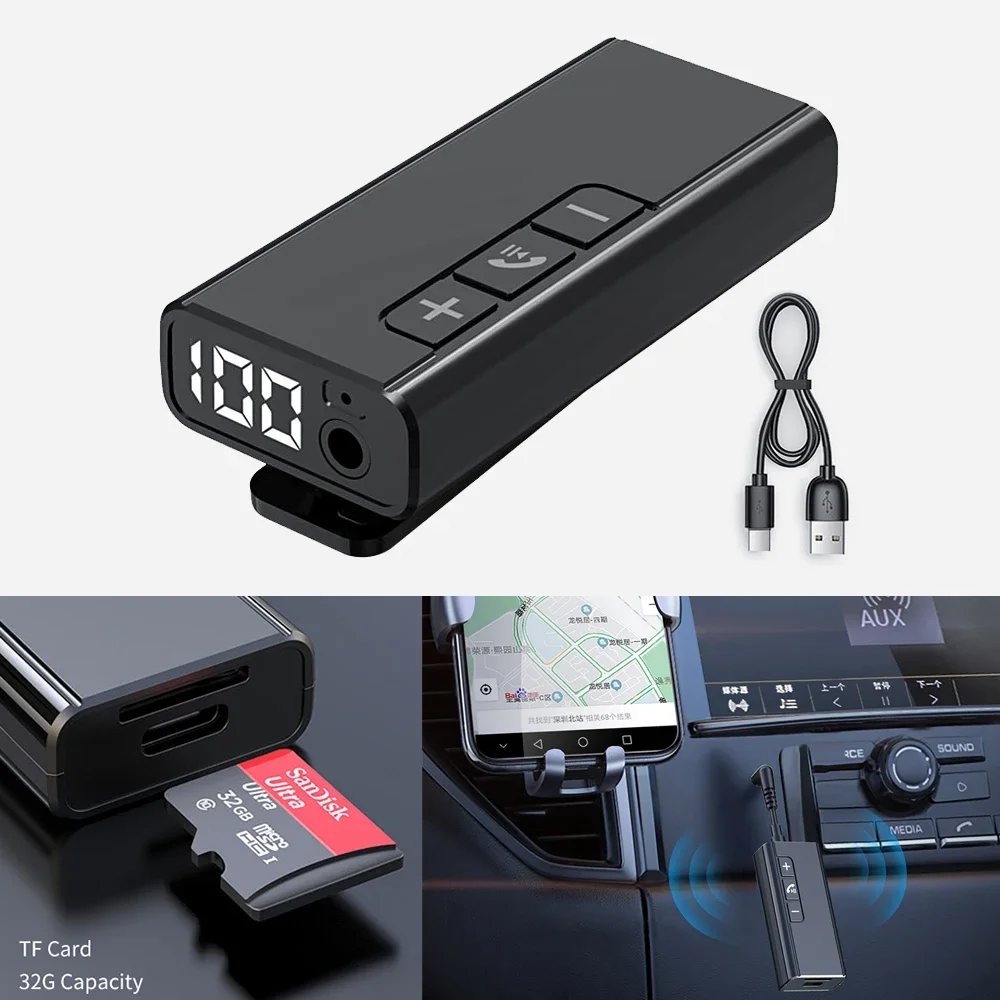 Bluetooth Adapter Wireless Car Bluetooth Receiver 3.5mm Auxiliary Digital Display Audio Receiver for TF Card