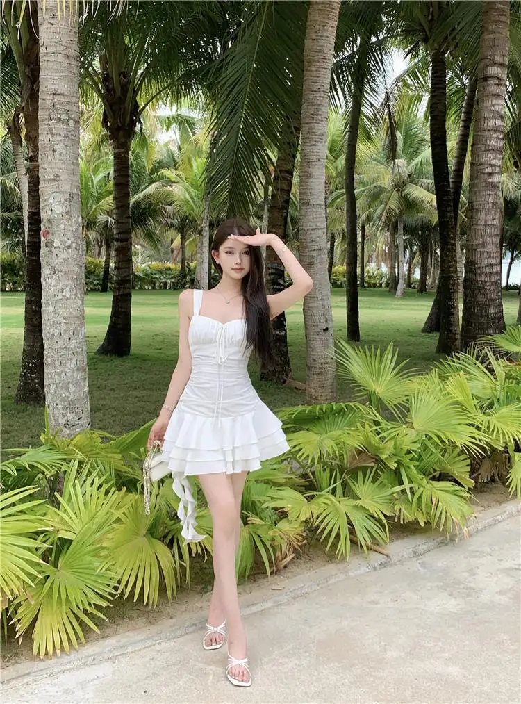 Summer New Holiday Beach Style Short Dresses for Women Spaghetti Strap Ruffles A-line Birthday Party Dress Korean Chic Vestidos