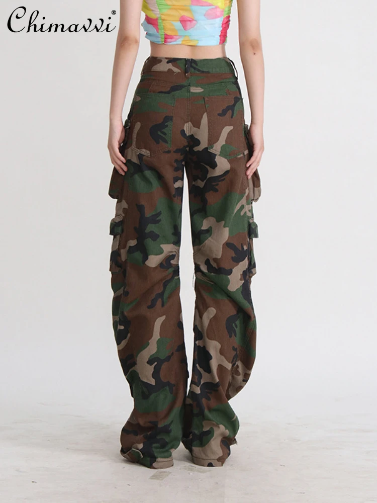 Micro-Elastic Fashion Cargo Pants Women Streetwear Camouflage Cargo Trousers Autumn Retro Pocket High Waist Loose Overalls yiciya overalls braced jeans detachable y2k stars pants jean american women s new high waist baggy wide legged pant trousers 90s