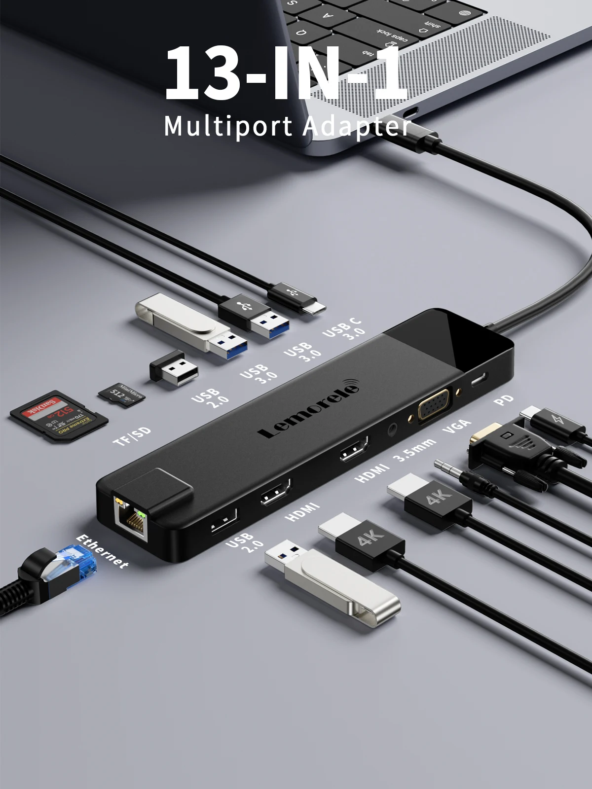 Lemorele-estación de acoplamiento TC100, HUB USB 3,0, RJ45, Gigabit, Ethernet, USB tipo C a HDMI Dual, VGA, para Macbook Air Pro, iPad Pro