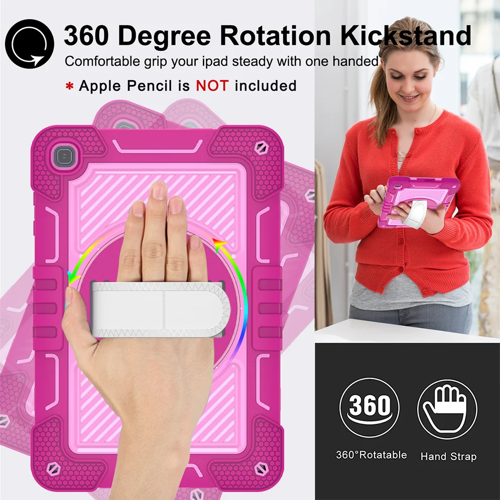 360 Rotating Hand Strap Shockproof Stand Case with 3-Layer Protection and Shoulder Strap