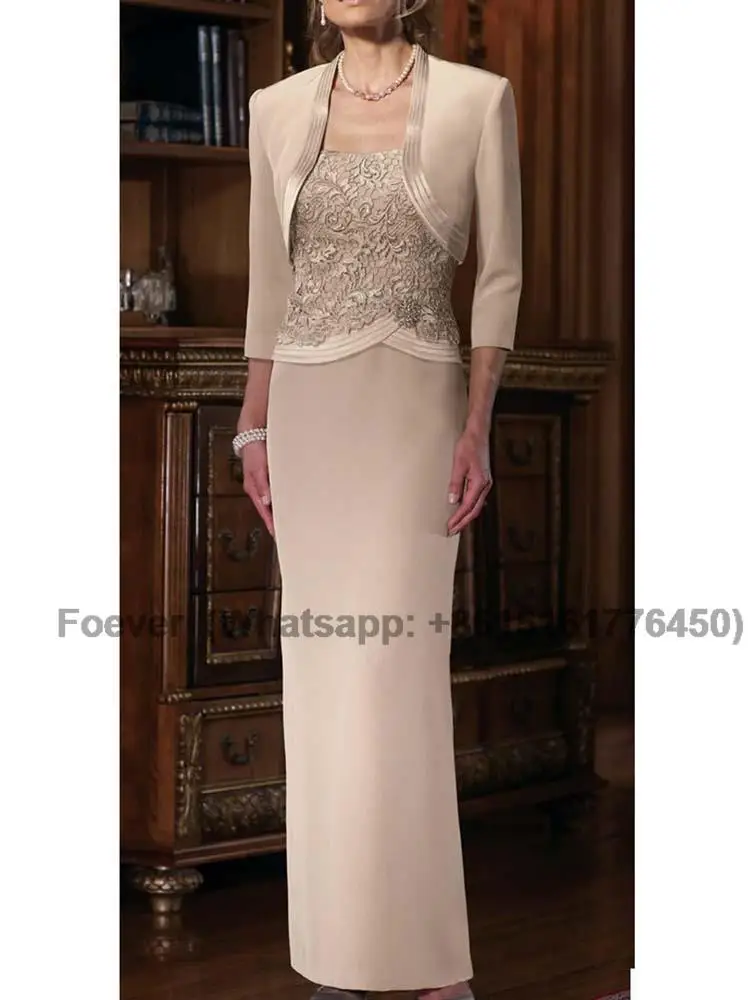 

Formal Gowns long lace Mother of the Bride Dresses With Jacket Three Quarter Sleeve beading Elegant Vestido De Madrinha