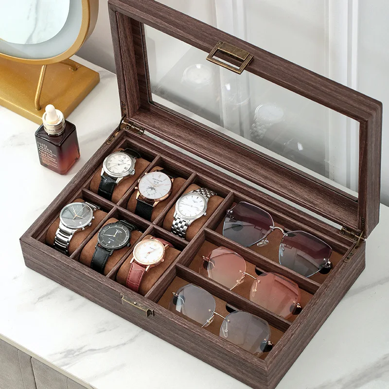 Watch Box 6 Watch 3 Slots Sunglasses Wooden Watch Organizer Box with Glass Top Jewelry Storage Display Case for Men Father