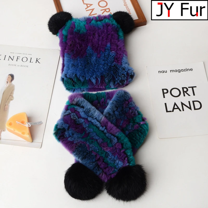 

Children's Rex Rabbit Fur Hat Scarf Set Hand Knit Beanies with Fox Pompoms Winter Hat & Scarf for Kids