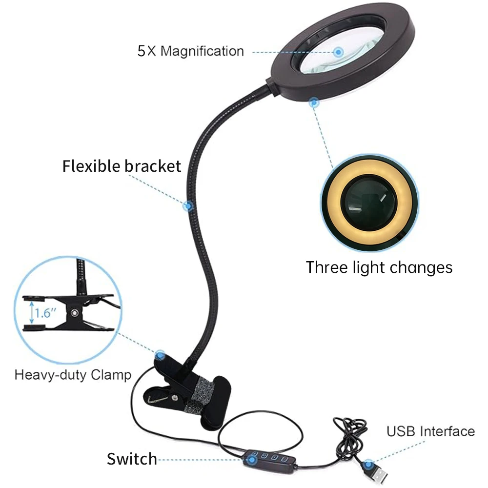 Lampe loupe LED avec clip pour modélisme, avec câble USB et interrupteur de changement de couleur, prête à l'emploi.