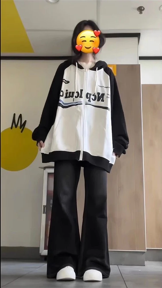 

Preppy American vintage print oversize casual all-match color cardigan hoodie coat female Autumn winter