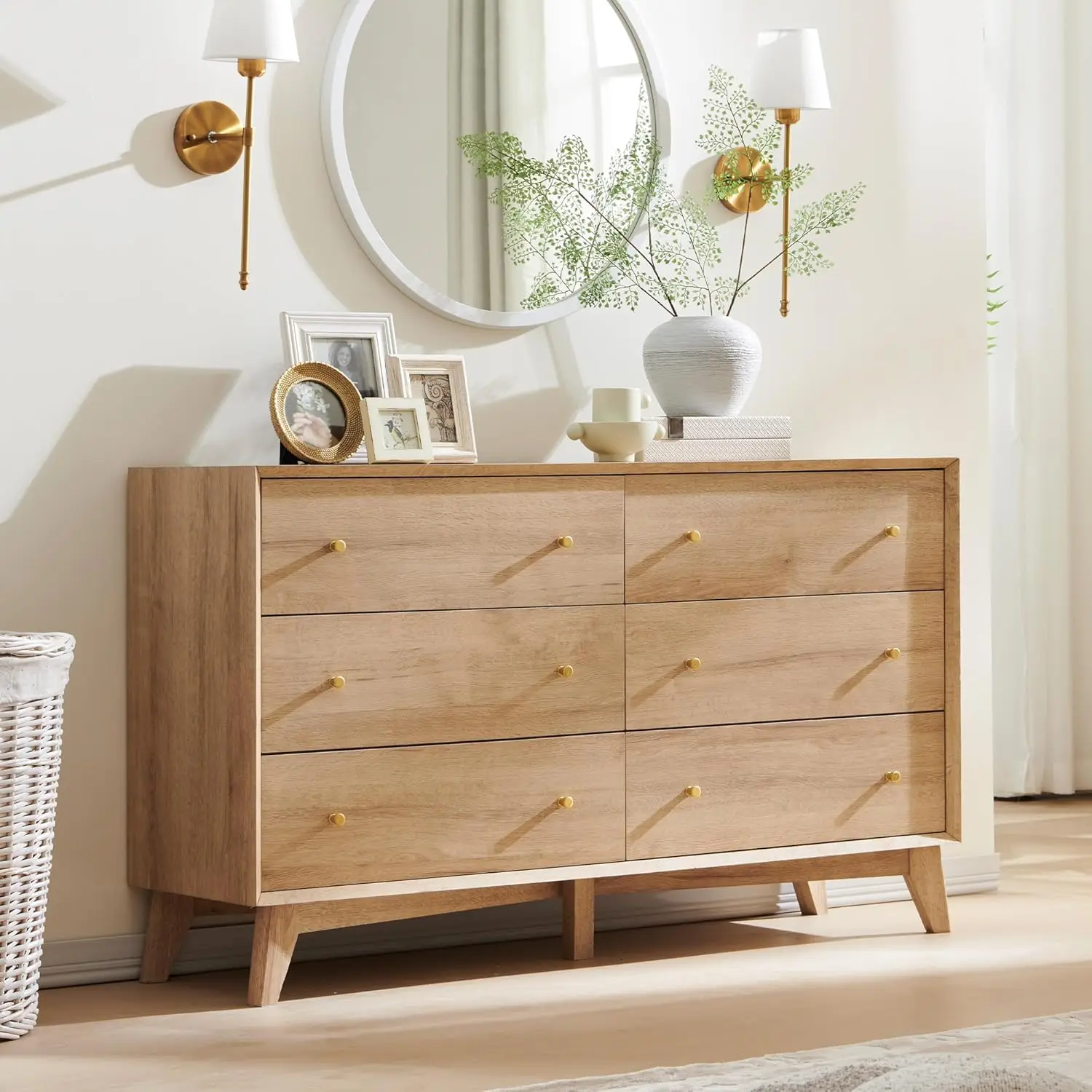 6-Drawer Dresser 54" Wide Mid Century Modern Chest of Drawers Beveled Profile Design Dresser TV Stand Wood Drawer Natural Oak