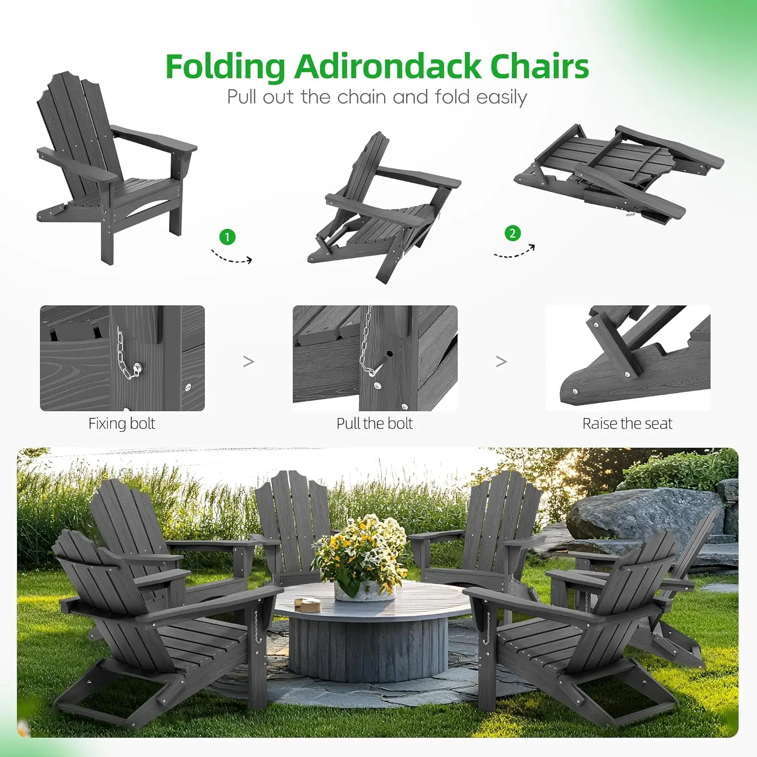 Outdoor Folding Adirondack Chair. HDPE. All-Weather. Stackable. For Porch, Backyard, Lawn. Gray.