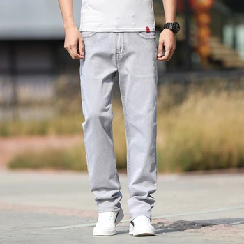 2023 Summer Brand New Men's Straight Loose Thin Jeans Simple Casual Clothing Lightweight Cotton Stretch Light Grey Jeans 1