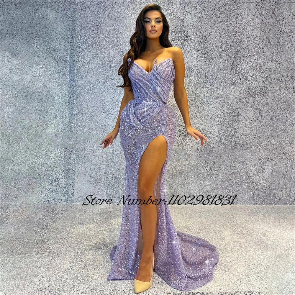 

Sexy Purple Evening Dresses Glitter Mermaid Luxury Shiny High Side Slit Pleats Celebrity Dress Backless Off Shoulder Party Gowns