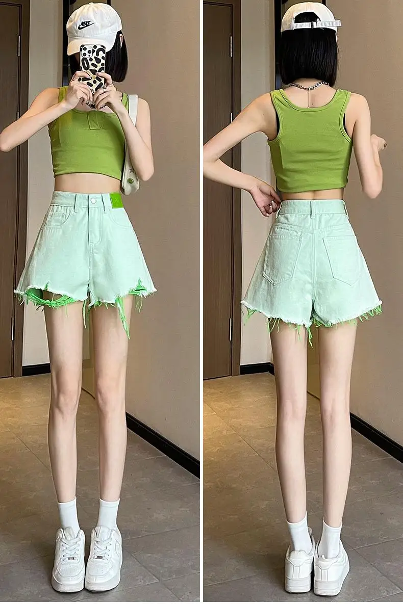 Perforated denim shorts for women's summer thin 2023 new high waisted small loose fitting wide leg hot pants trend