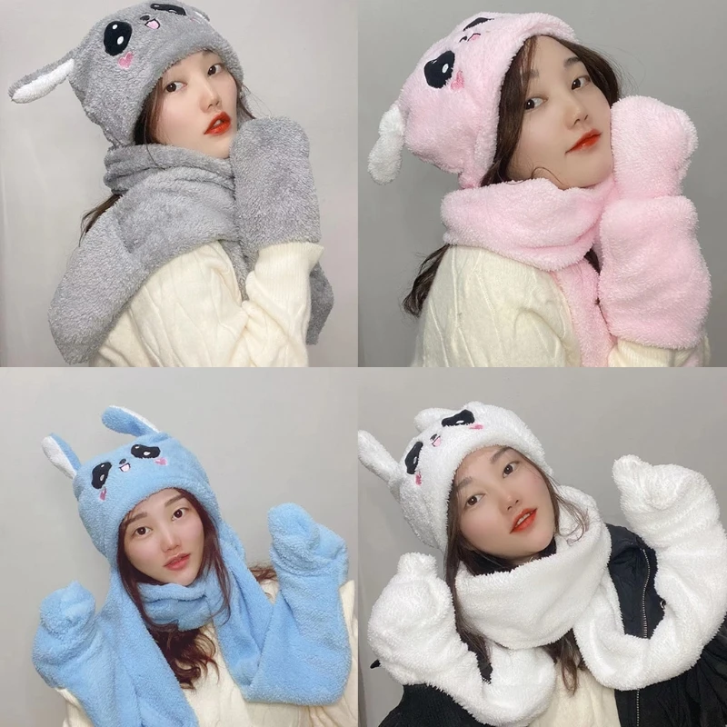 

Korean Women 3 In 1 Hooded Scarf Hat Gloves Set with Moving Jumping Rabbit Ears Winter Fuzzy Plush Warm Earflap Cap Pocket Party