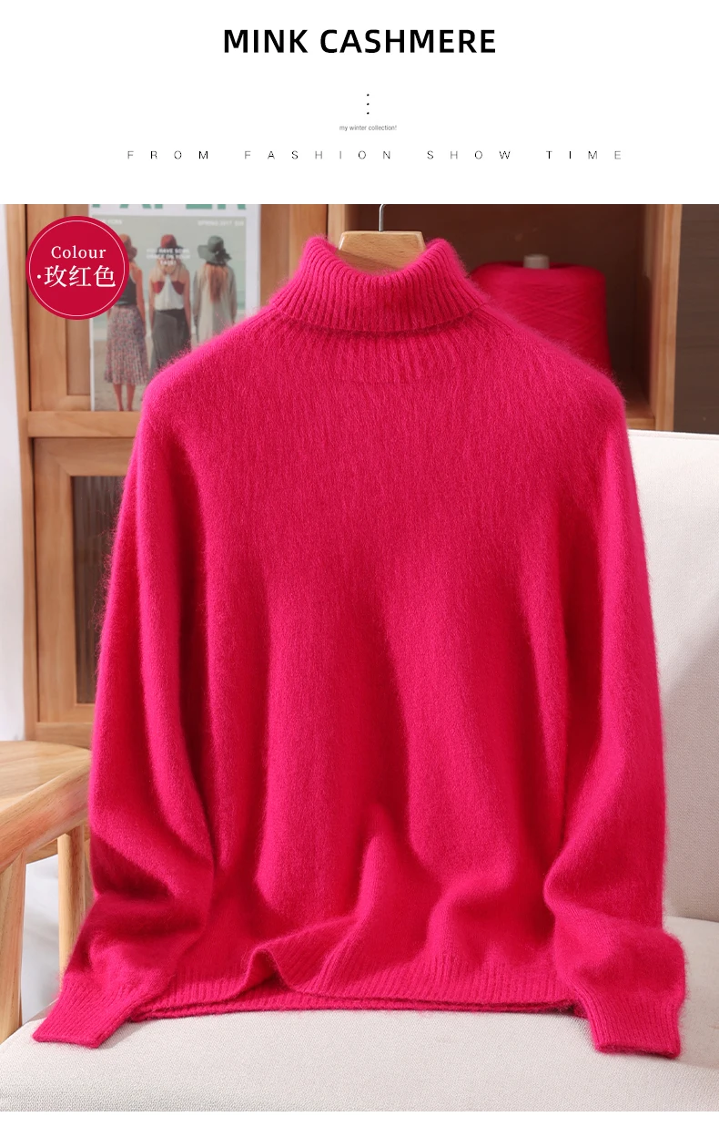 Damen-Pullover mit hohem Kragen, 100 % Nerz-Kaschmir, Herbst/Winter, lange Ärmel, Strickpullover, lockere Unterseite, modisches Basic-Oberteil, 23 Farben – Detail 38