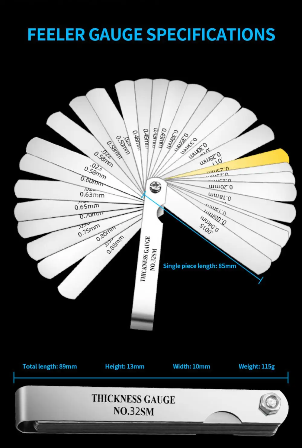 Description Picture 5 of itemTools 32 Blades Metric Feeler Gauge 0.04-0.88mm Thickness Gages Gap Filler Feeler Gauges Woodworking Measuring Tools