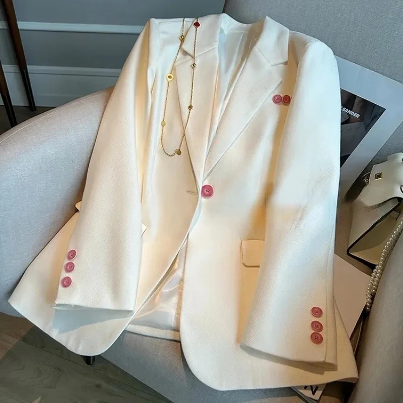 High-end Luxury Korean Suit White Blazer Jacket Slim Office Ladies Spring Autumn Coat Long Sleeve Buttons Chic Casual Blazers felinza chic pink office lady blazer women plaid v neck double buttons pockets loose long jackets women fashion 2023 chic tops