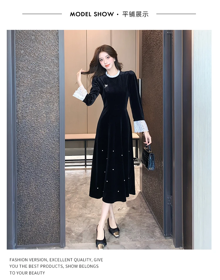 Mujer Primavera Verano Nuevo Elegante Terciopelo Patchwork Midi A Line Vestidos Manga Larga Dama Fiesta Moda Una Pieza Bata