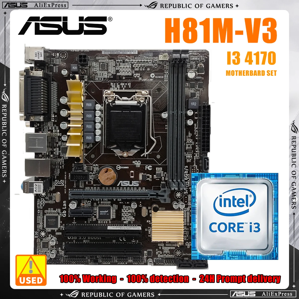 

ASUS Intel H81M-V3 Motherboard LGA 1150 Set Kit with Core I3 4170 CPU 8GB DDR3 RAM Micro-ATX USB3.0 LTP H81M Motherboard Kit