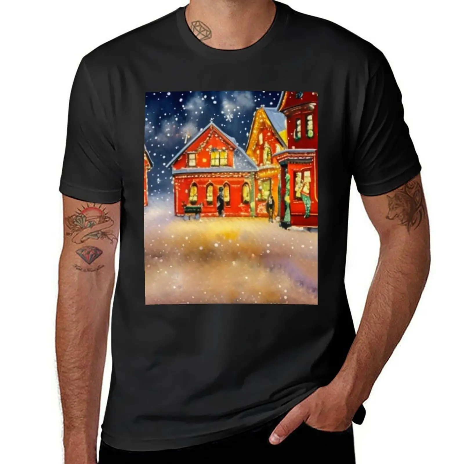 

Vintage Painting Of Christmas Village in the Winter, Christmas Tree, Victorian Houses T-shirt sports fans men clothes