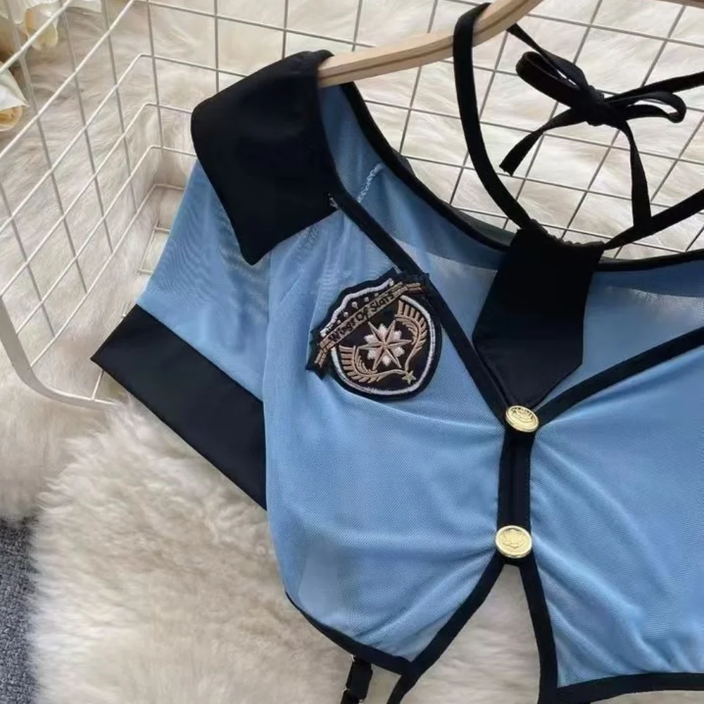 V-Neck Short Sleeve Transparent Crop Top With Elastic Waist A-Line Mini Skirt Set Cosplay Uniform Sexy Lingerie Women's Pajamas