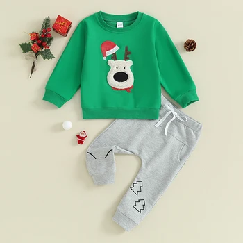 2023-10-23 Lioraitiin Toddler Boys Christmas Outfits Santa/Elk Fuzzy Embroidery Long Sleeve Sweatshirts+Long Pants Clothes Set 2