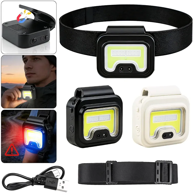 COB Silicone Strong Magnet Small Headlamp Portable Headband Lamp Mini USB Chargeable Inductive Running Light