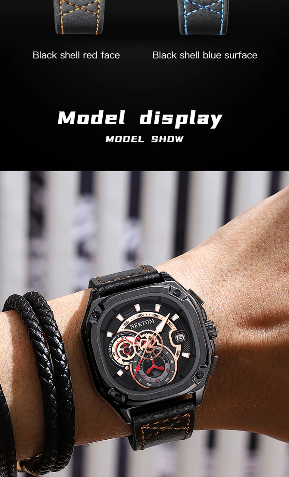 NEKTOM 2022 Luxury Square Polit Quartz  Man Watch Waterproof Leather Strap Sport Watch Fashion Waterproof Quartz Wristwatch