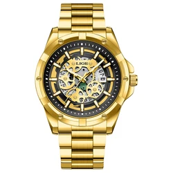 LIGE Luxury Steampunk Skeleton Dial Men's Automatic Mechanical Watch (Gold)