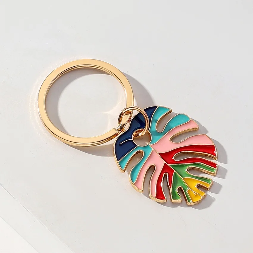 5-Pack Enamel Rainbow Leaf Keychains - Boho Foliage Design Key Rings For Bag, Car, Earphone Case Accessories