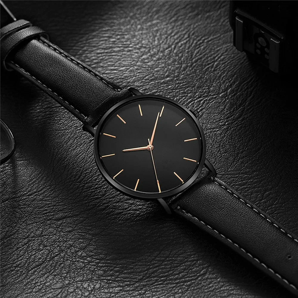 Luxury Men's Ultra Thin Analog Quartz Wristwatch with Leather Strap