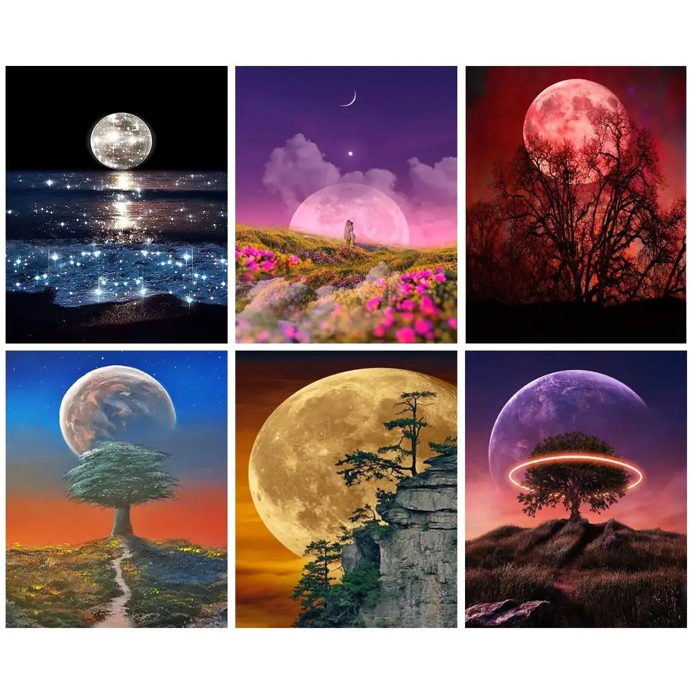 

CHENISTORY Oil Painting By Numbers Lakeside Moon Landscape Handpainted Pictures By Numbers Diy Painting Number Wall Decor