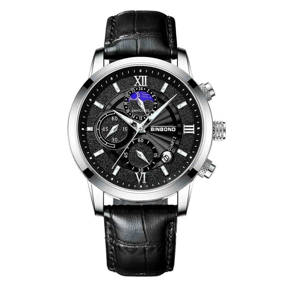 

2023 BINBOND B6187 Top Mens Brand Luxury Casual Leather Quartz Men's Watch Business Clock Male Sport Waterproof Date Chronogra