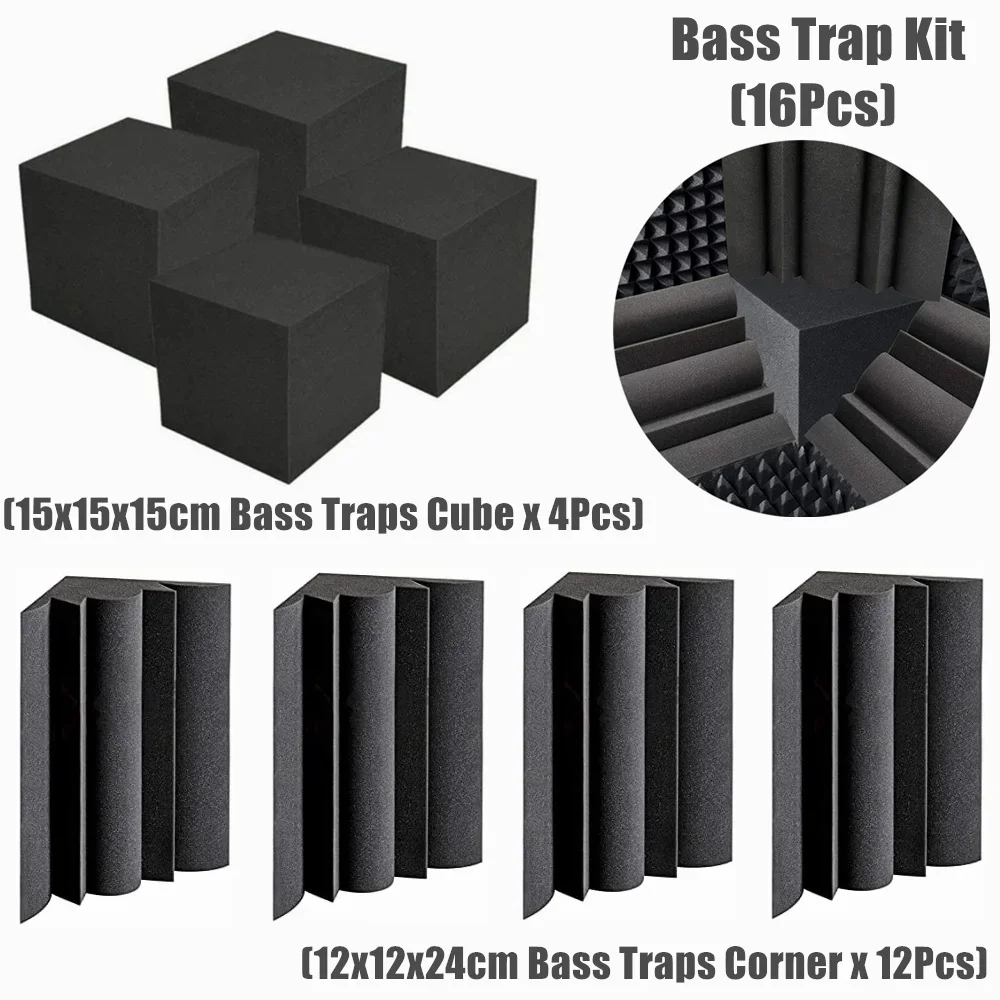 Soundproof Foam 16Pcs/Pack Acoustic Bass Traps Foam Kit 4Pcs 15x15x15cm Sound Absorbing Foam Cubes+12Pcs 12x12x24cm Corner High Density