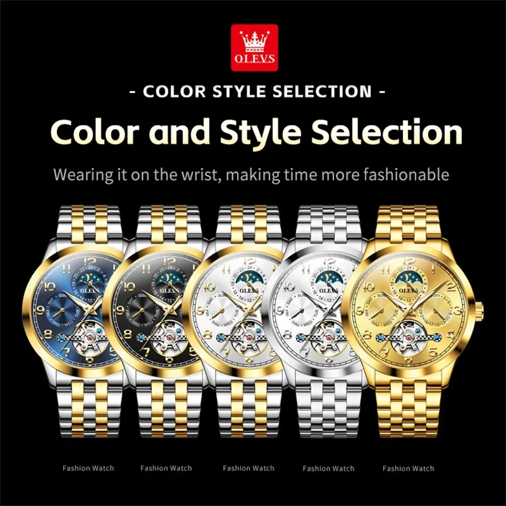 OLEVS 7018 Hollow Luxury Mechanical Watch For Men Moonswatch Number Dial Waterproof Man Watches Auto Date Original WristWatch
