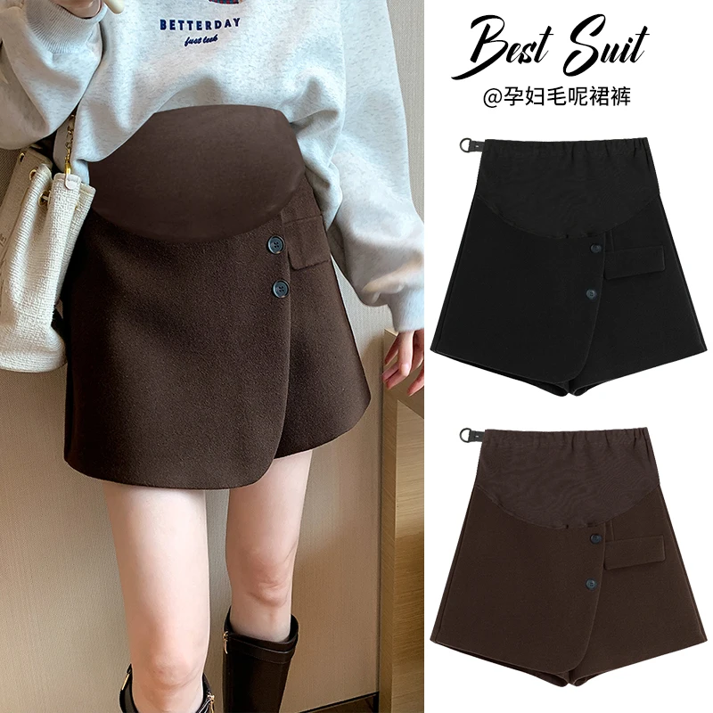 Japanese Style Pretty Maternity A-line Skirt with Shorts Fashion Pregnancy Belly Skirt Elegant Pregnant Woman Woolen Skort