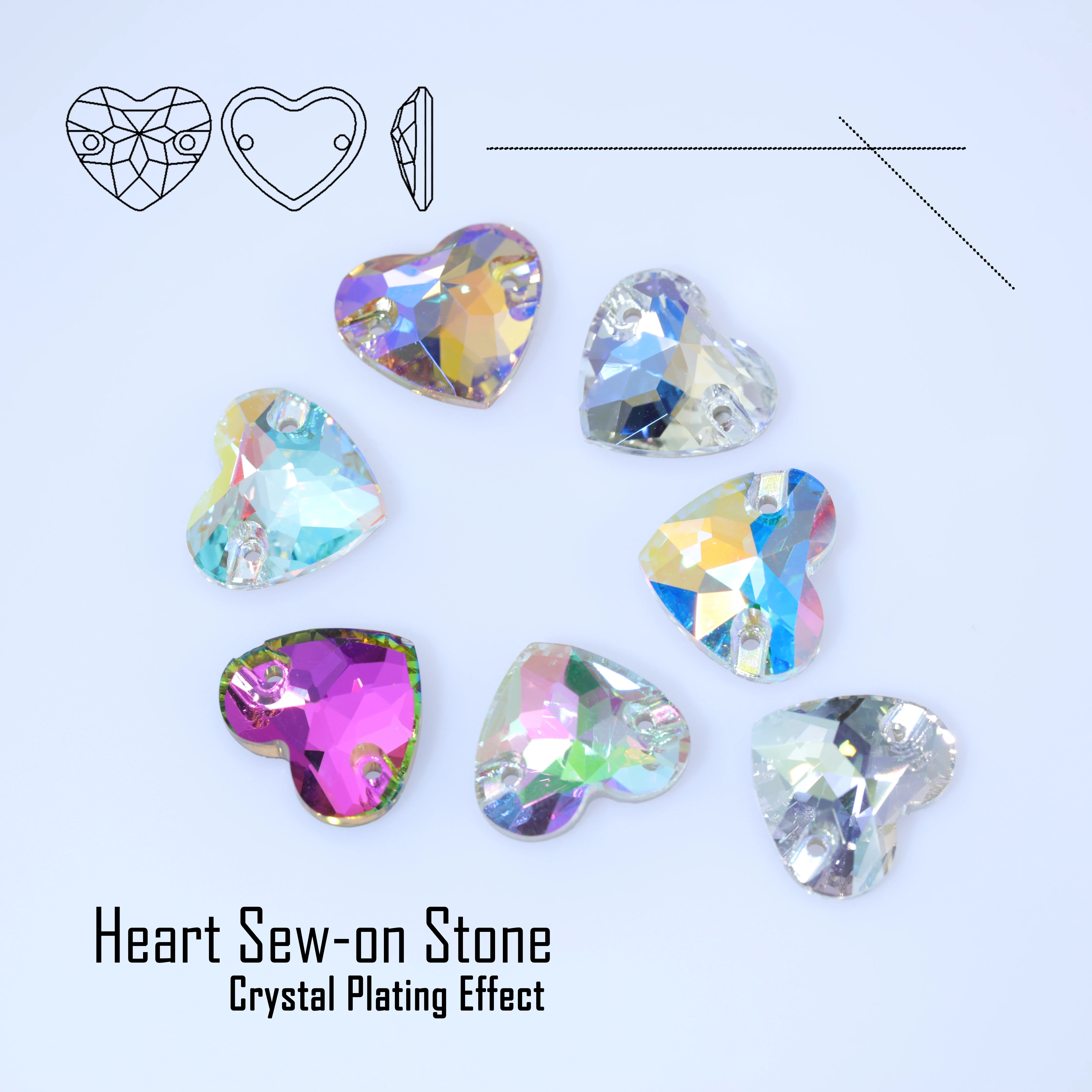 Strass-Herz zum Aufnähen, Kristall-Plating-Effekt, Glas-Nähsteine für Kleidung, Hochzeitskleider, Funkelnde Edelsteine