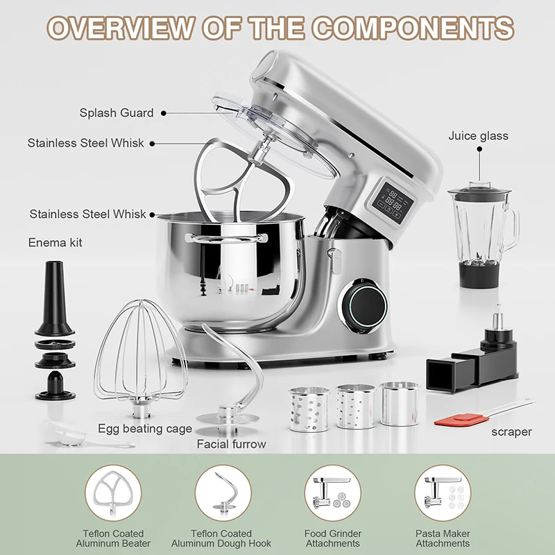 Stand Mixer 8L Speed Tilt-Head Kitchen Electric Mixer Food Mixer with Stainless Steel Bowl Dough Hook Flat Beater 3
