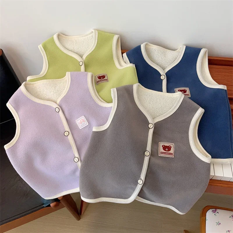 Children Vest Winter Double Sided Plush Warm Baby Vests Autumn Wearing Cartoon Animal Children Plush Thick Vest Cute Boys Girls Waistcoats