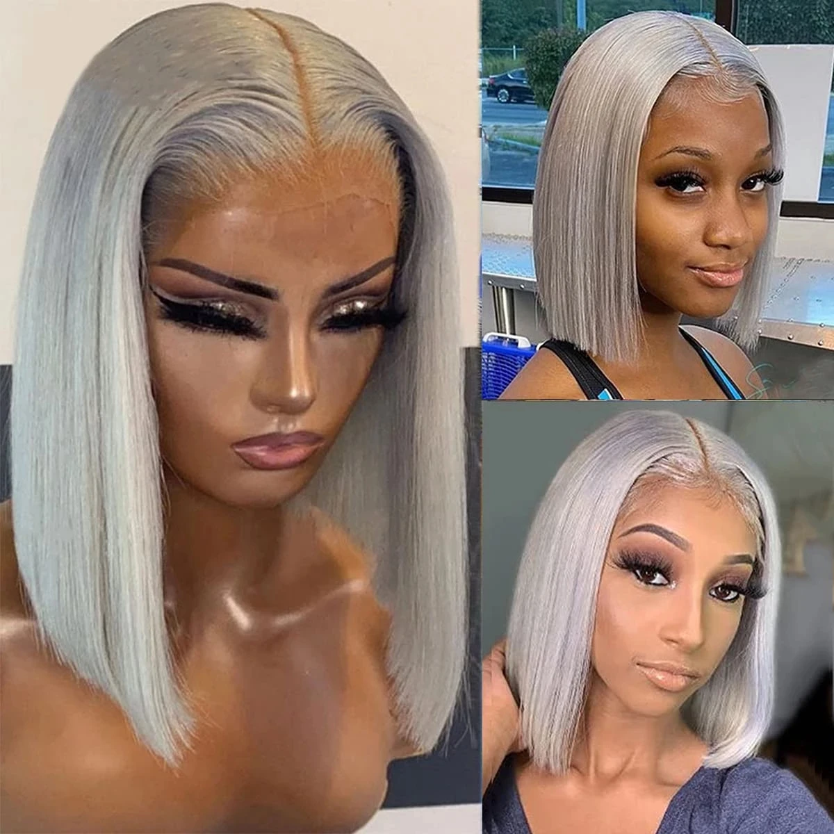 Silver Grey Short Bob Wig Human Hair Brazilian Straight Lace Front Wigs Pre Plucked For Women 13x4 Transparent Lace Frontal Wigs