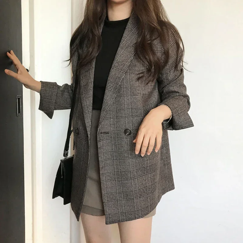 Women Plaid Blazers Coats Korean Elegant Thick Jacket Female Double Breasted Office Lady Fashion Long Overcoat Drop Shipping