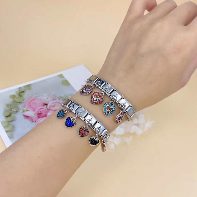 Daisy Heart Mom Color Rhinestone Italian Charm Bracelet With Charm Bracelet