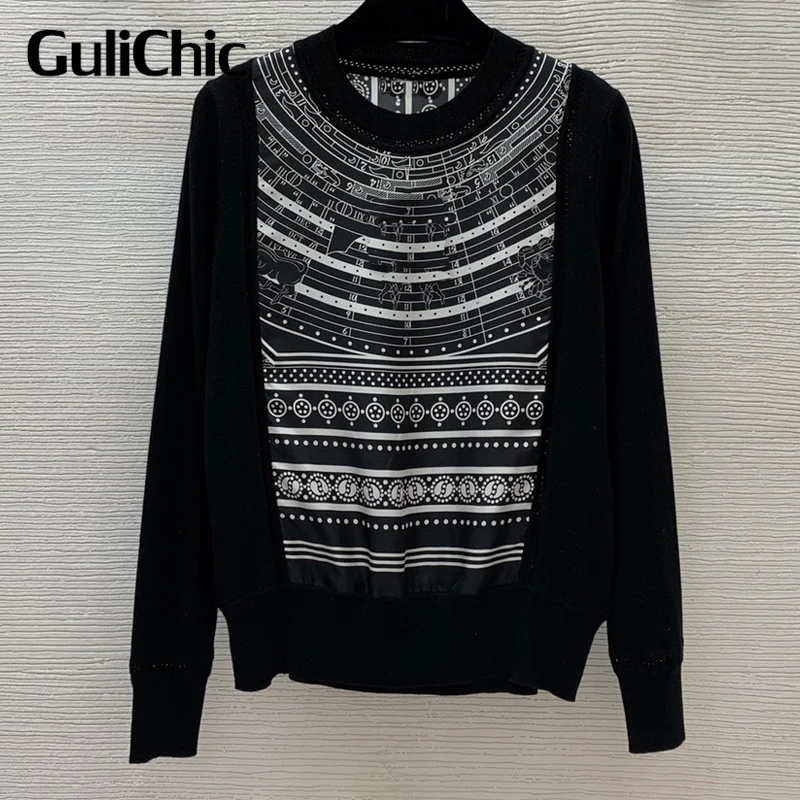 

9.19 GuliChic Women Casual Comfortable Vintage Print Spliced Crew Neck Long Sleeve Pullover Knitwear Top