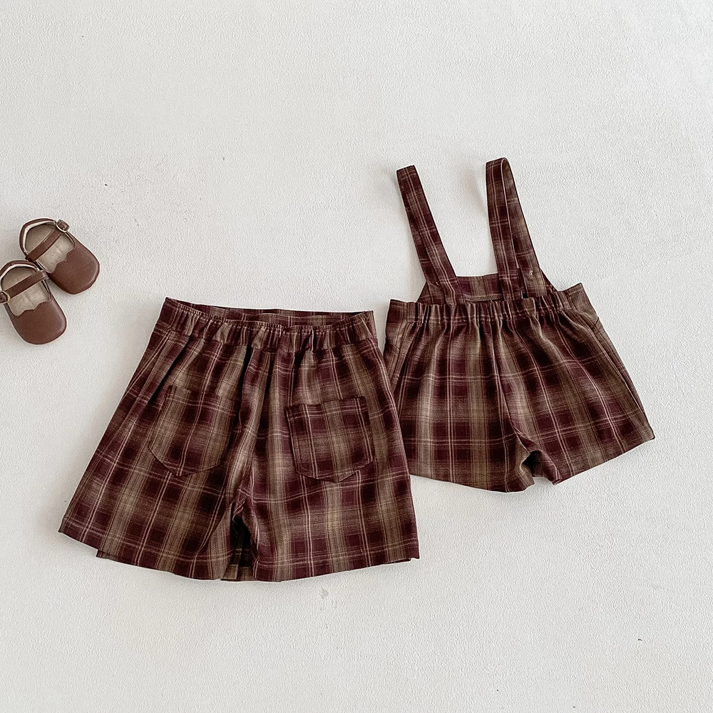 Vintage karierte Baby-Kinder-Overalls für Jungen und Mädchen, elastische Taille, Säuglings-Shorts, hübsche kleine Jungen-Hosen, Baby-Sachen für 1–6 Jahre – Detail 2