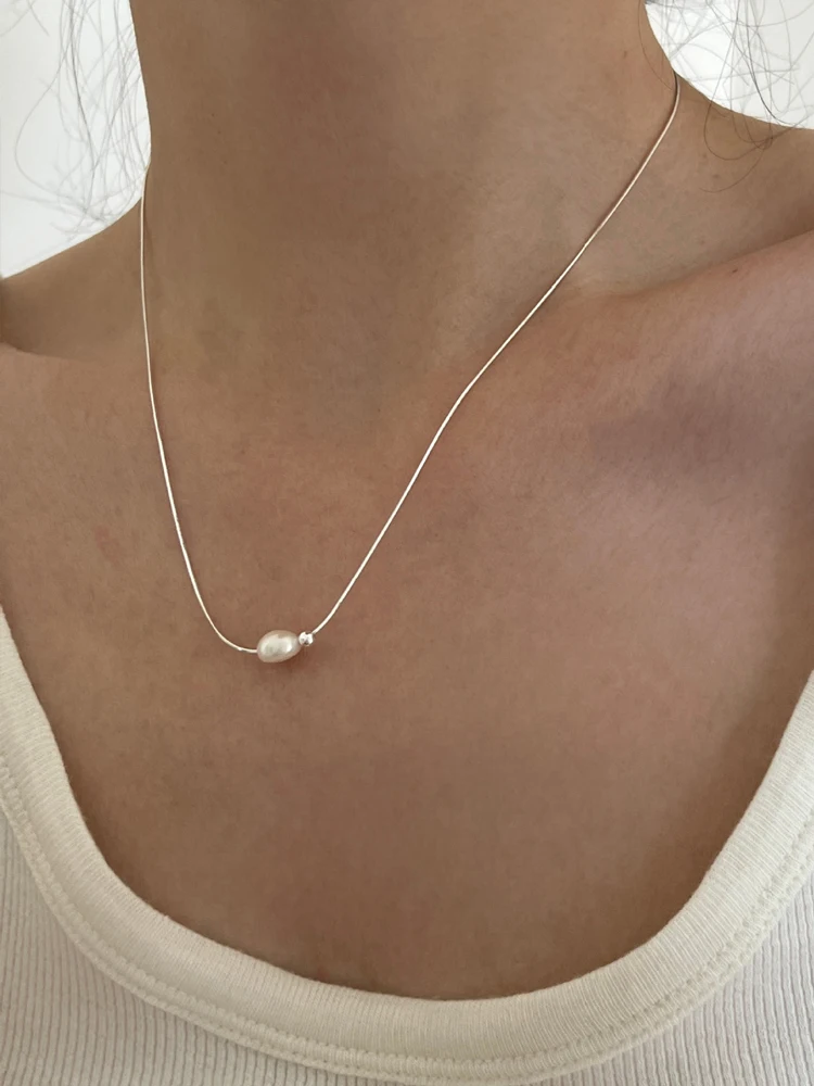 

Pure 925 Sterling Silver Snake Chain Baroque Pearl Beads Necklace S925 Designer T Show Runway Gown Rare INS Japan Korean