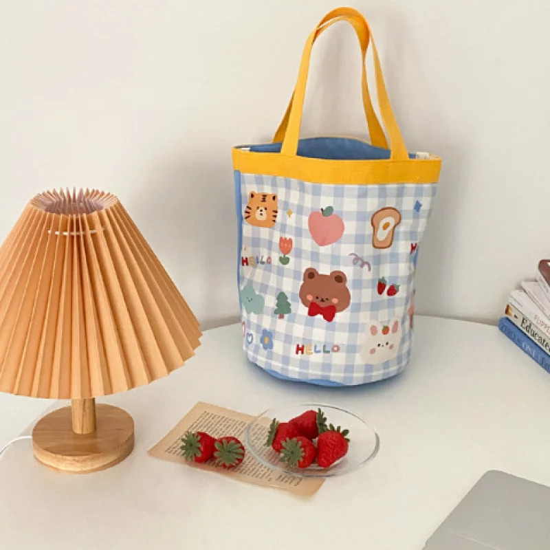 Doodle-Print Canvas Bucket Bag &ndash; Cute Ins-Foodie Cylinder Tote for Girls Korean Style Lunch Box Carrier & Mommy Bag