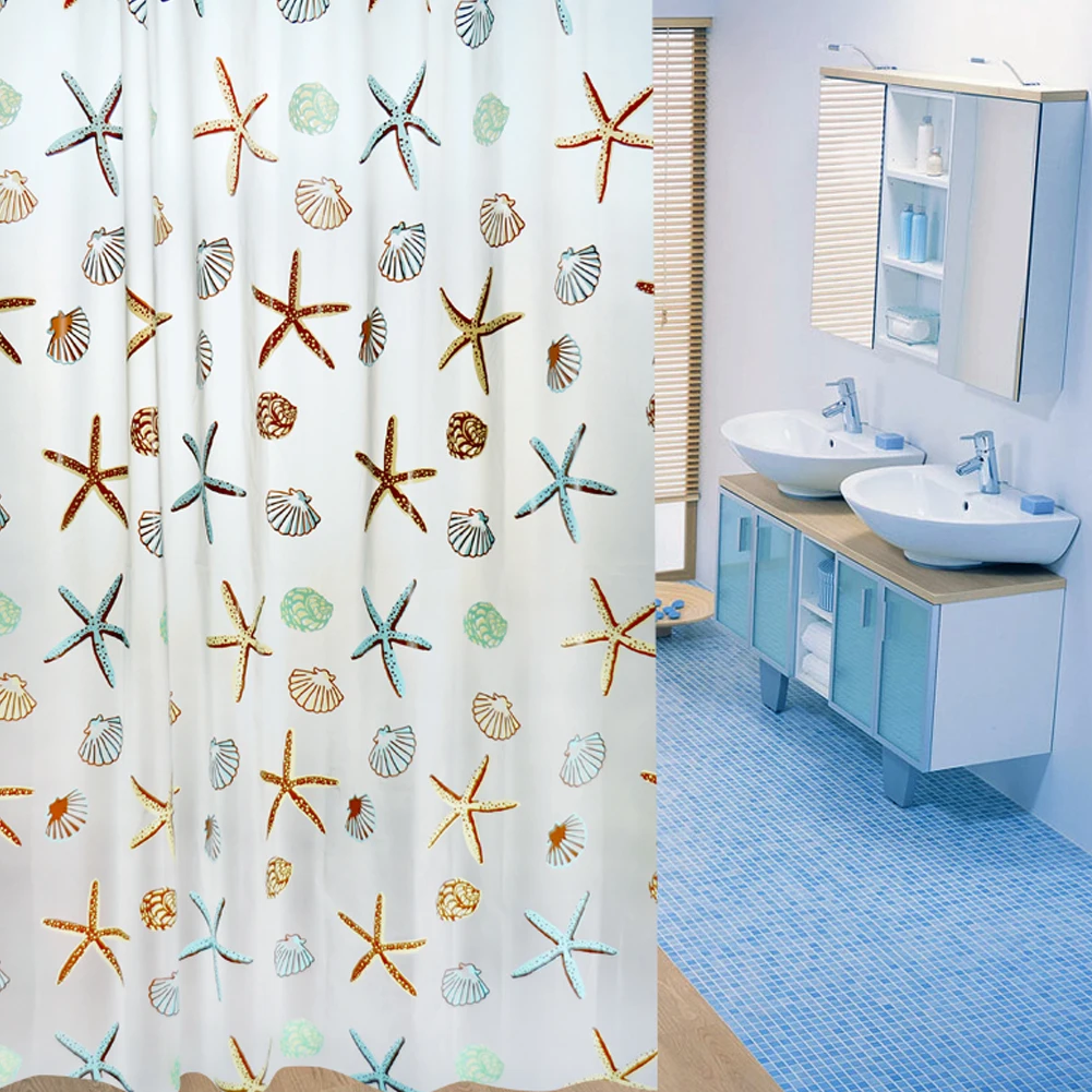 Shower Curtains 180x200cm PEVA Waterproof Thickening Starfish Hibiscus Pattern