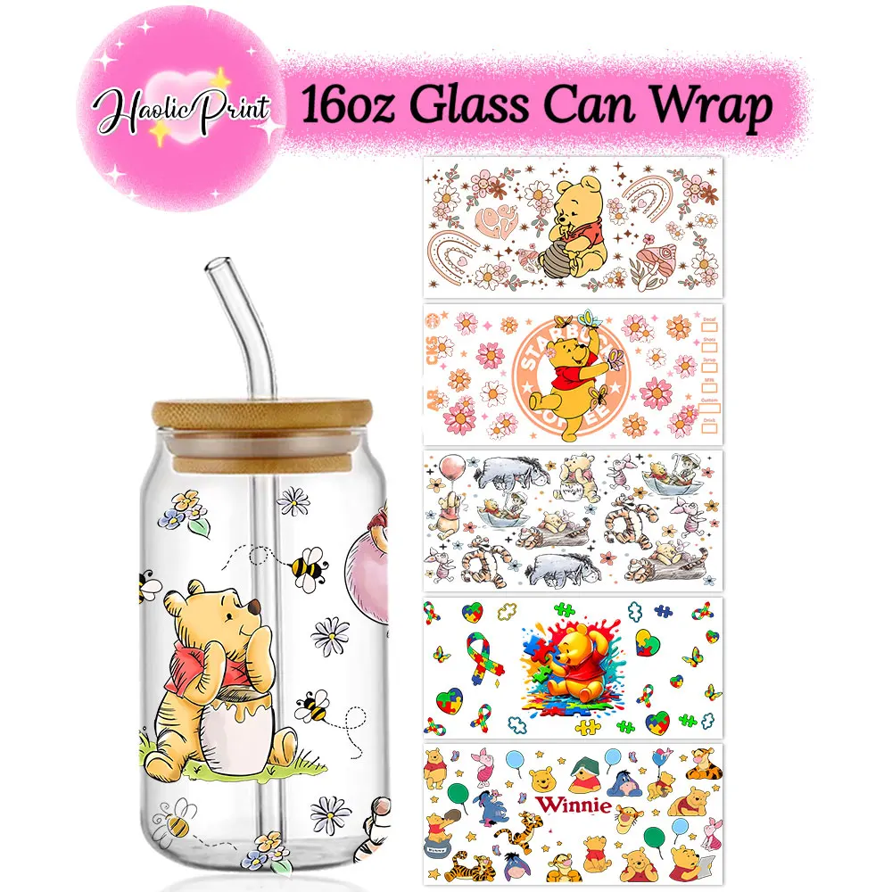 Cute Winnie UV DTF Cup Wrap 16oz Libbey Glass Can DIY Sticker Self-adhesive Washable Transfer Stickers