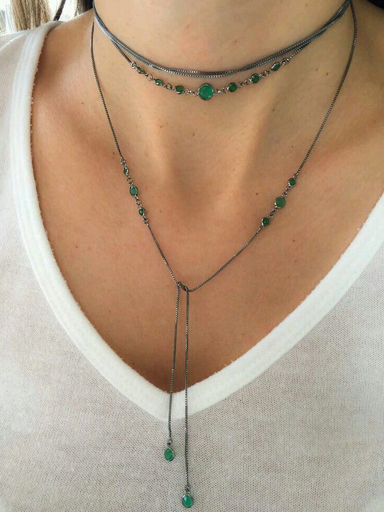 2PCS Retro Green Glass Necklace Women