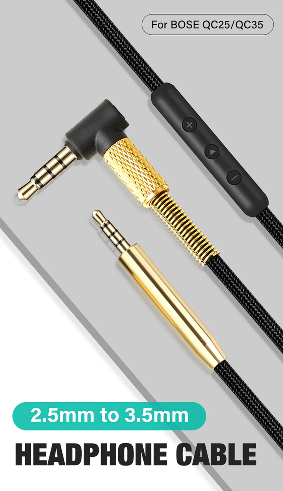 2.5mm To 3.5mm Jack HIFI Audio Cable For Bose QC25 QC35 OE2 AKG JBL Headphones PC 90 Degree Elbow Plug TRS TRRS AUX With Control