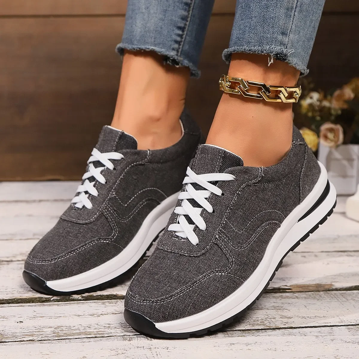 Blue Denim Platform Sneakers Women Fashion Thick Sole Lace Up Sports Shoes Woman Plus Size 43 Comfortable Casual Female Sneakers 4