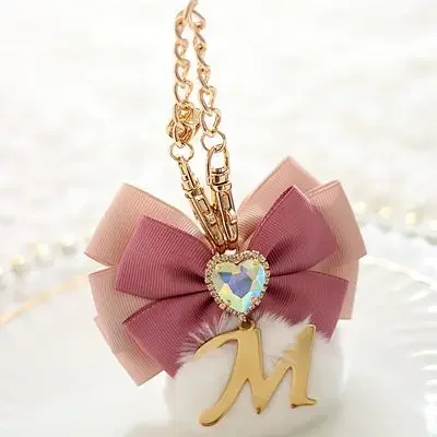Japanese Liz Lolita Bowknot Hair Ball Gem Peach Heart Bag Pendant Sweet Metal Letters Bag Charms for Handbag Keychain for Women